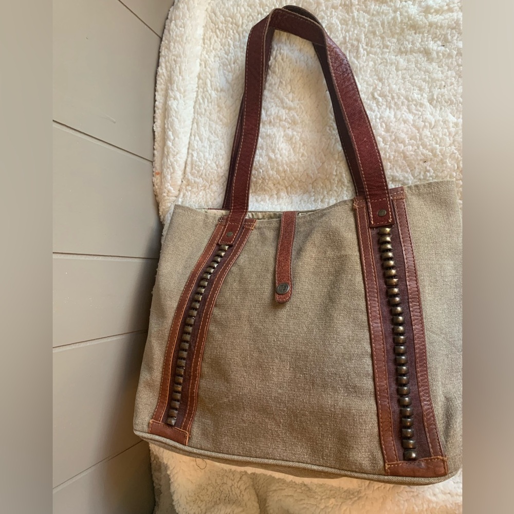 Mona B Brown and Tan Upcycled Tote Bag